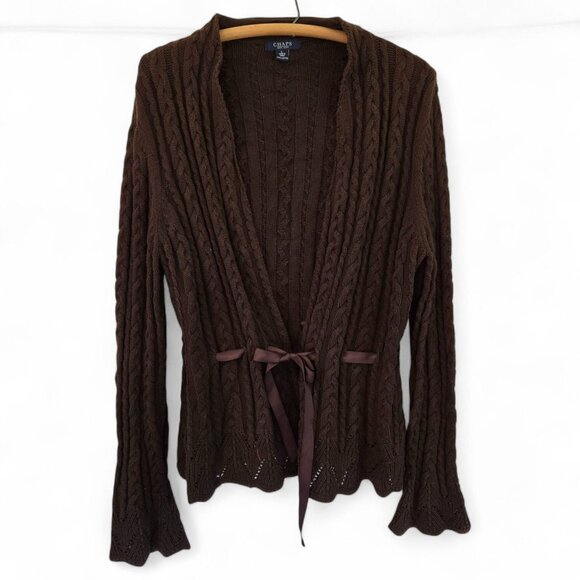 Chaps Cable Knit Brown Cardigan Sweater Large Ribbon Tie Waist Eyelet Cuffs - Picture 1 of 11